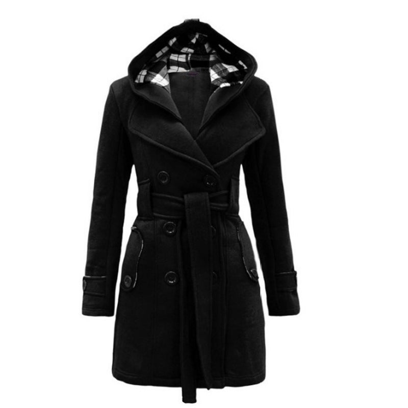 MAELIS - Wool hooded double row knot belt winter coat for women