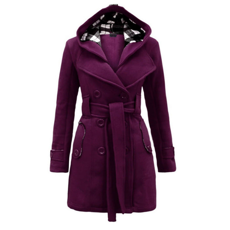 MAELIS - Wool hooded double row knot belt winter coat for women